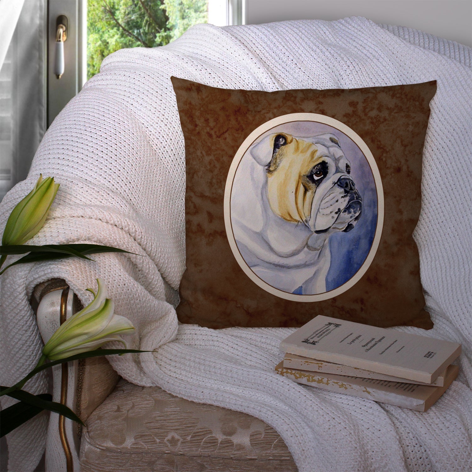 English Bulldog Decorative Throw Pillow 14x14 Indoor Outdoor Accent Cushion, Fabric Cover with Insert for Sofa, Bed, Porch & Living Room