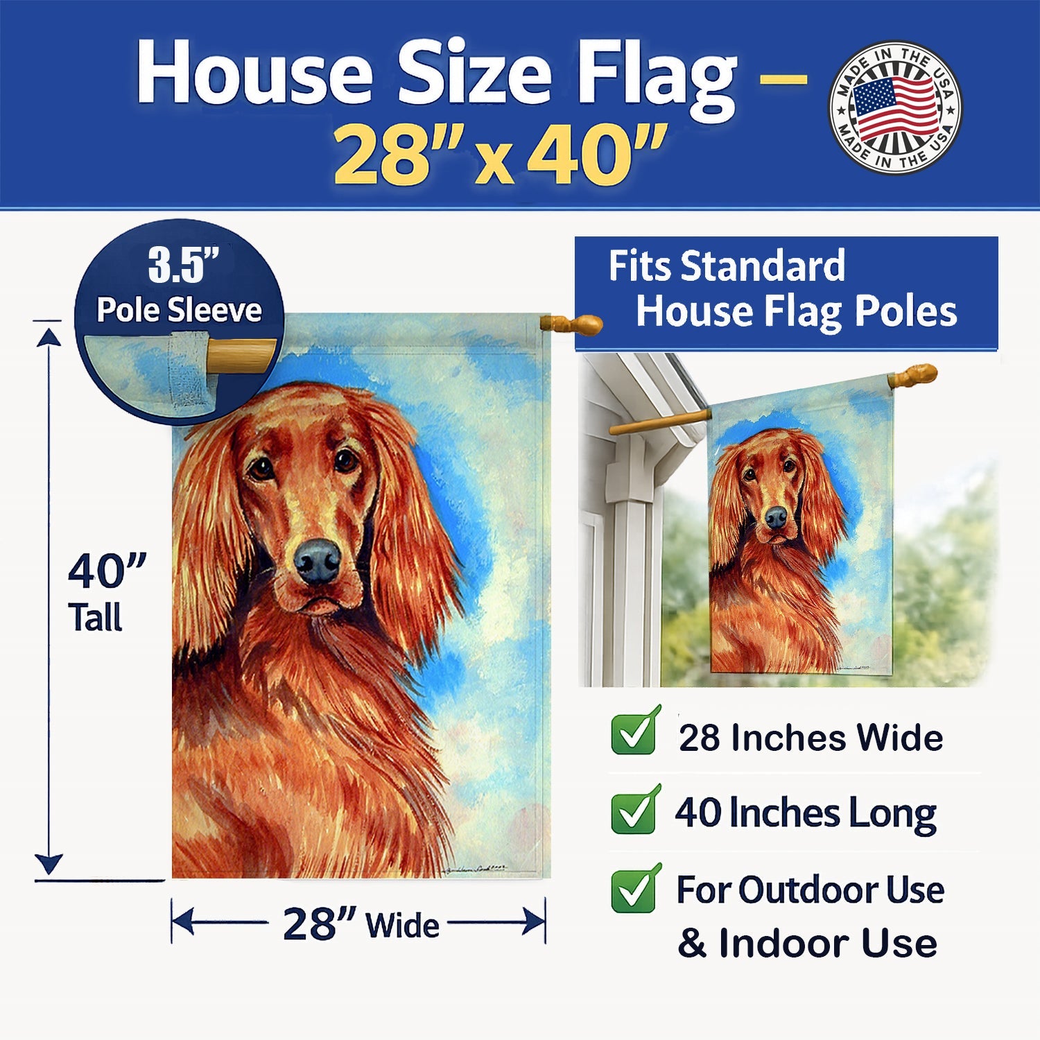 Irish Setter House Flag 28x40 Porch Sleeve Pole Decorative Outside Yard Banner Artwork Wall Hanging, Polyester