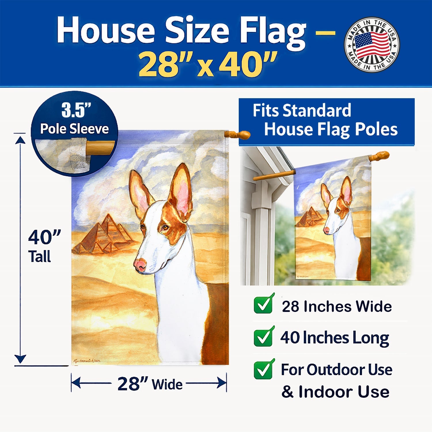 Ibizan Hound House Flag 28x40 Porch Sleeve Pole Decorative Outside Yard Banner Artwork Wall Hanging, Polyester