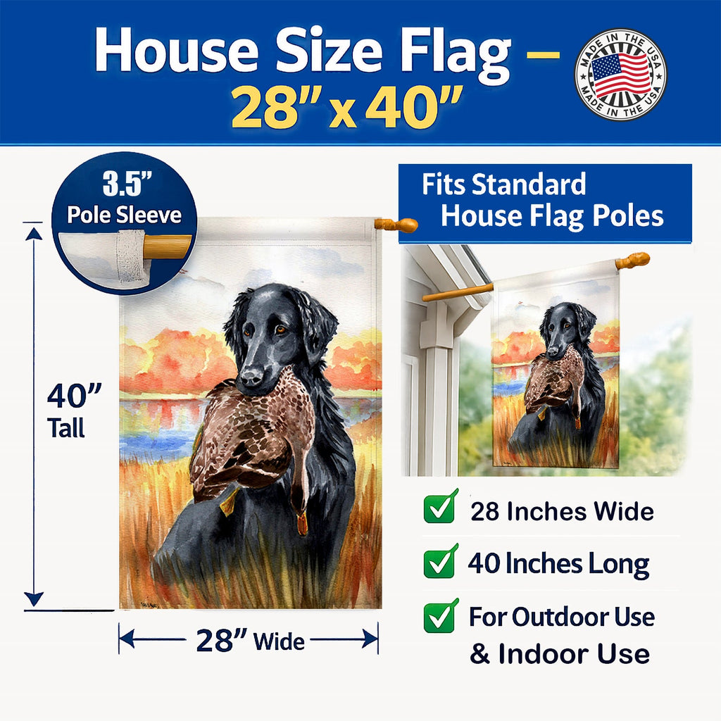 Flat Coated Retriever House Flag 28x40 Porch Sleeve Pole Decorative Outside Yard Banner Artwork Wall Hanging, Polyester