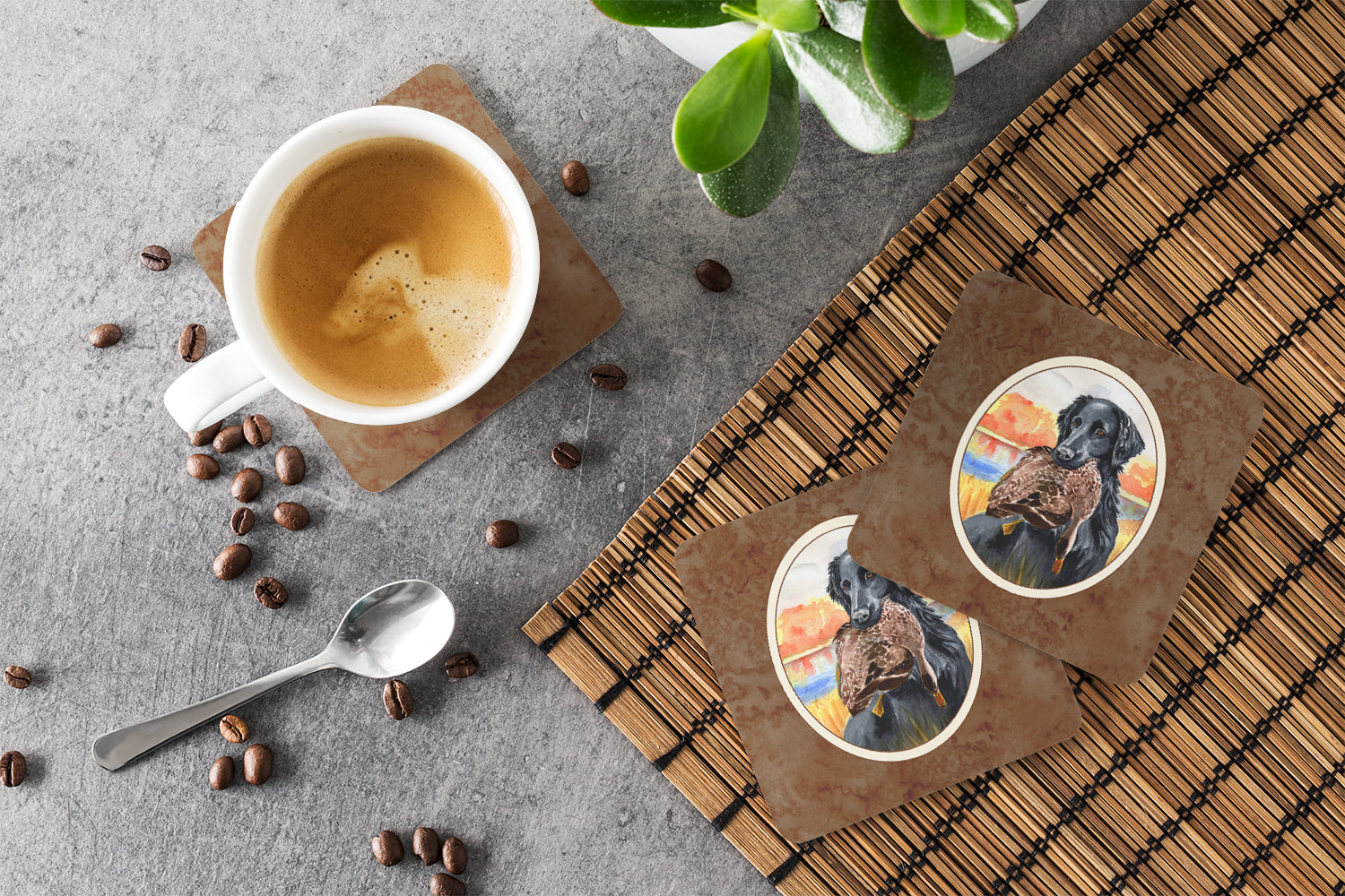 Flat Coated Retriever Foam Coasters Set of 4 Cup Coasters for Indoor Outdoor, Tabletop Protection, Anti Slip, Mouse pad Material