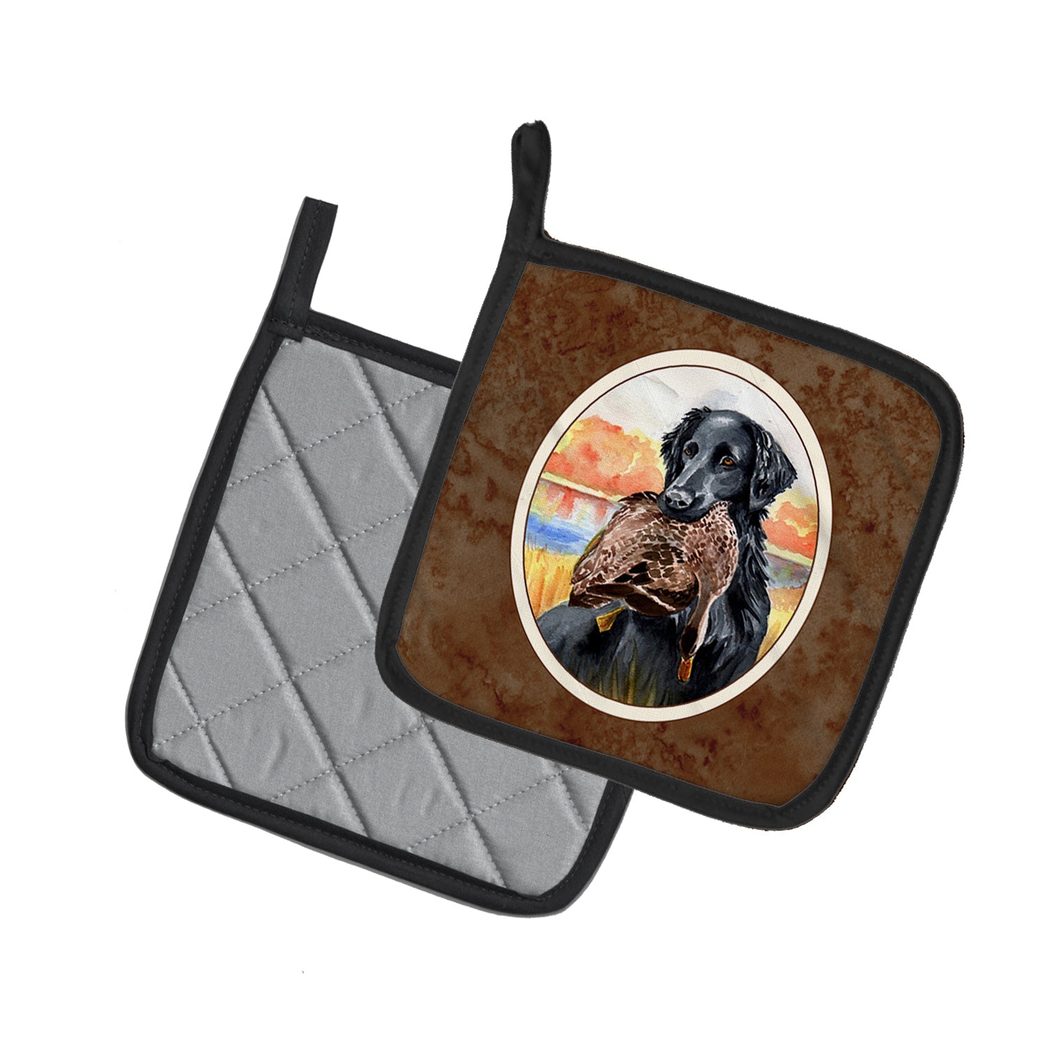 Flat Coated Retriever Pot Holder Set of 2 Heat Resistant Quilted Hot Pads 7.5 x 7.5 Inch, Insulated Kitchen Trivets for Cooking & Baking