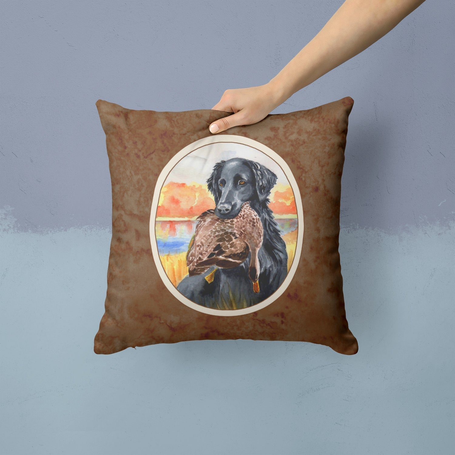 Flat Coated Retriever Decorative Throw Pillow 14x14 Indoor Outdoor Accent Cushion, Fabric Cover with Insert for Sofa, Bed, Porch & Living Room