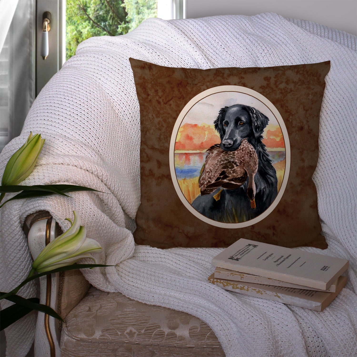 Flat Coated Retriever Decorative Throw Pillow 14x14 Indoor Outdoor Accent Cushion, Fabric Cover with Insert for Sofa, Bed, Porch & Living Room