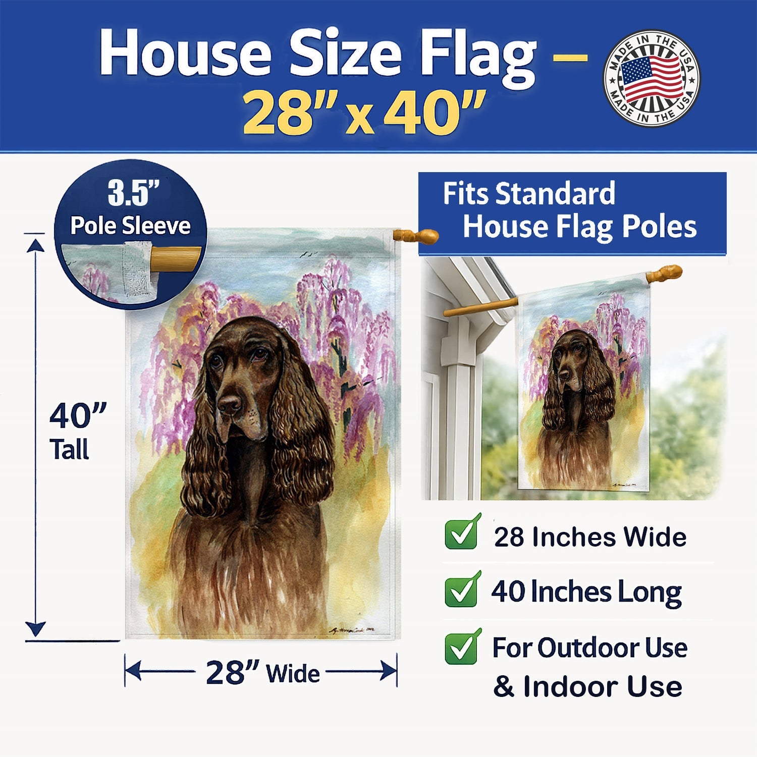 Field Spaniel House Flag 28x40 Porch Sleeve Pole Decorative Outside Yard Banner Artwork Wall Hanging, Polyester