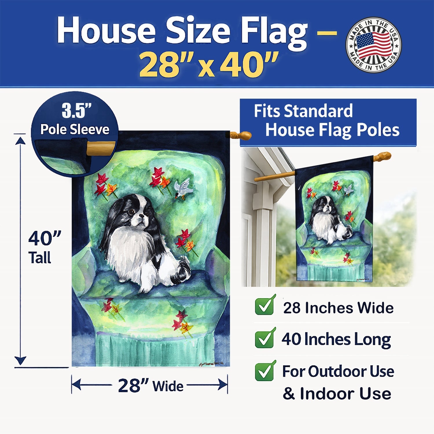 Japanese Chin in Momma's Chair House Flag 28x40 Porch Sleeve Pole Decorative Outside Yard Banner Artwork Wall Hanging, Polyester