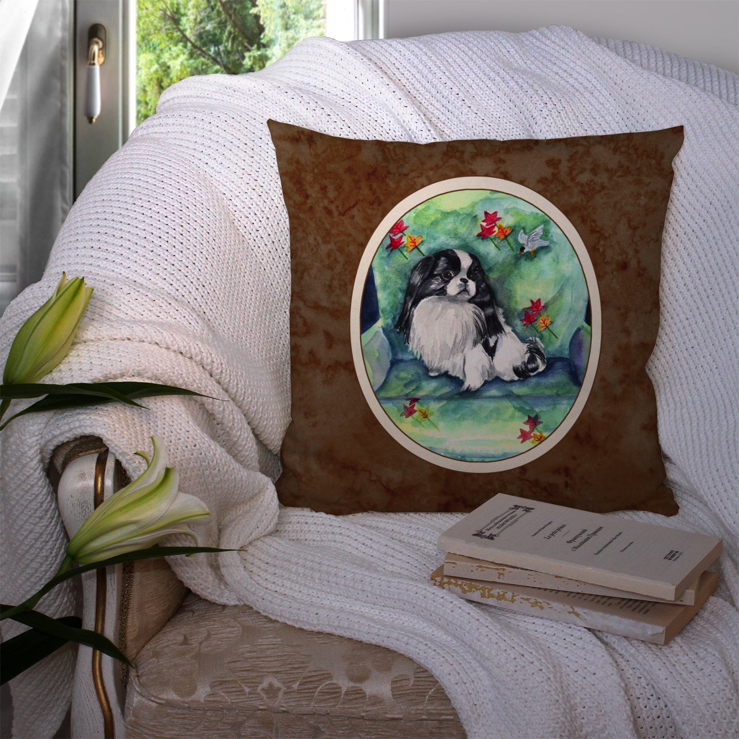 Japanese Chin in Momma's Chair Decorative Throw Pillow 14x14 Indoor Outdoor Accent Cushion, Fabric Cover with Insert for Sofa, Bed, Porch & Living Room