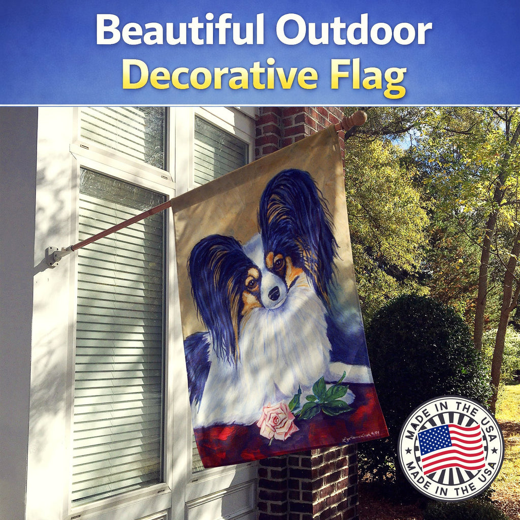 Papillon A Rose for you House Flag 28x40 Porch Sleeve Pole Decorative Outside Yard Banner Artwork Wall Hanging, Polyester