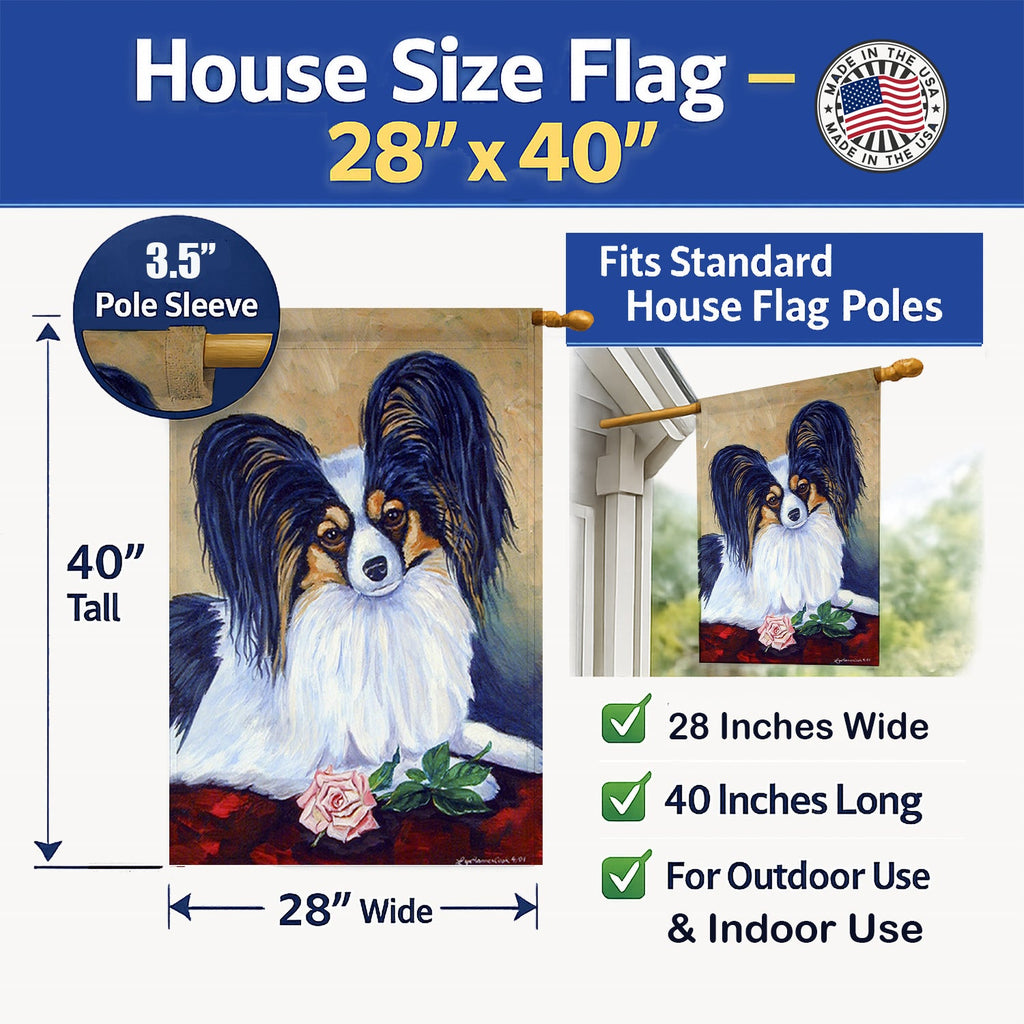 Papillon A Rose for you House Flag 28x40 Porch Sleeve Pole Decorative Outside Yard Banner Artwork Wall Hanging, Polyester
