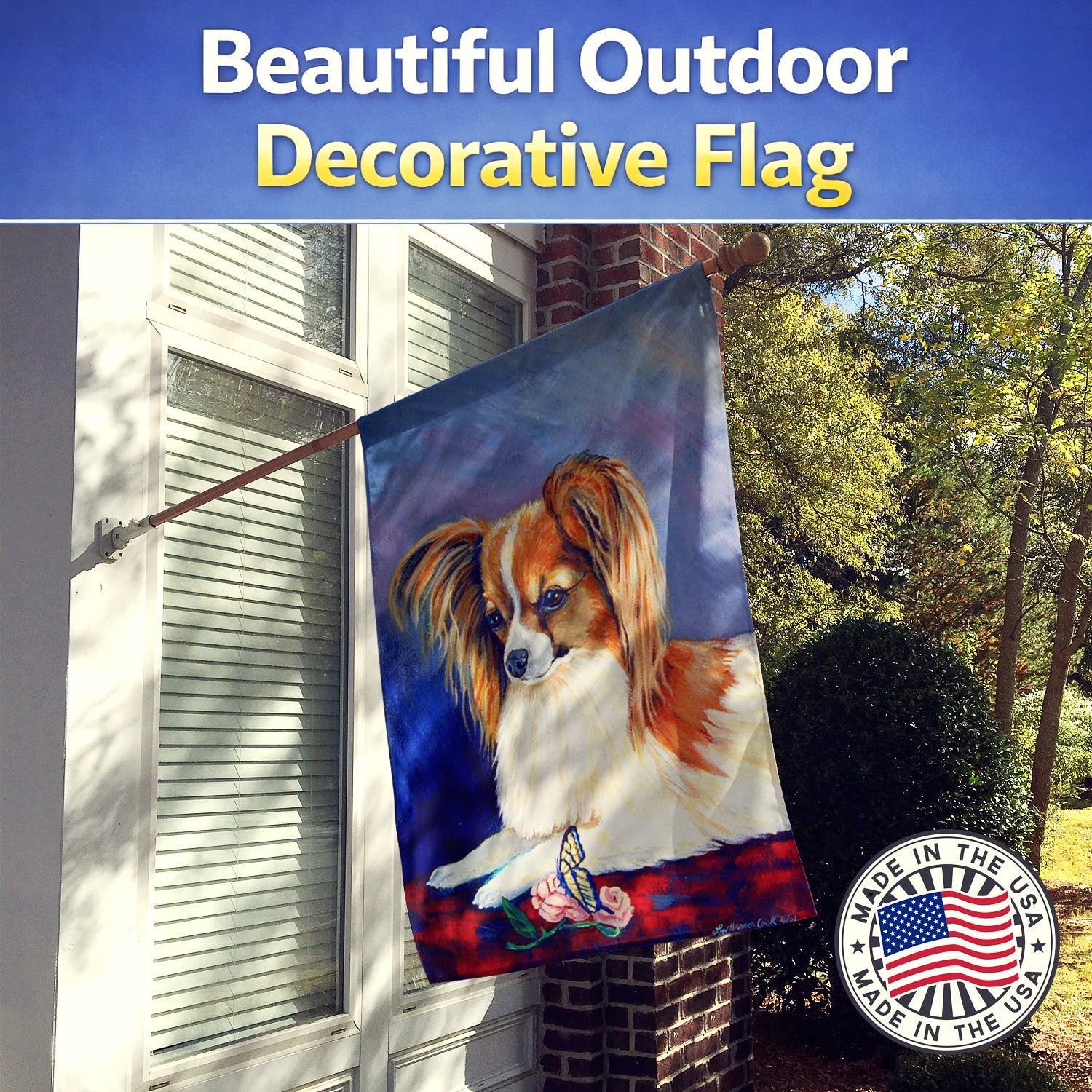 Papillon Rose and Butterfly House Flag 28x40 Porch Sleeve Pole Decorative Outside Yard Banner Artwork Wall Hanging, Polyester