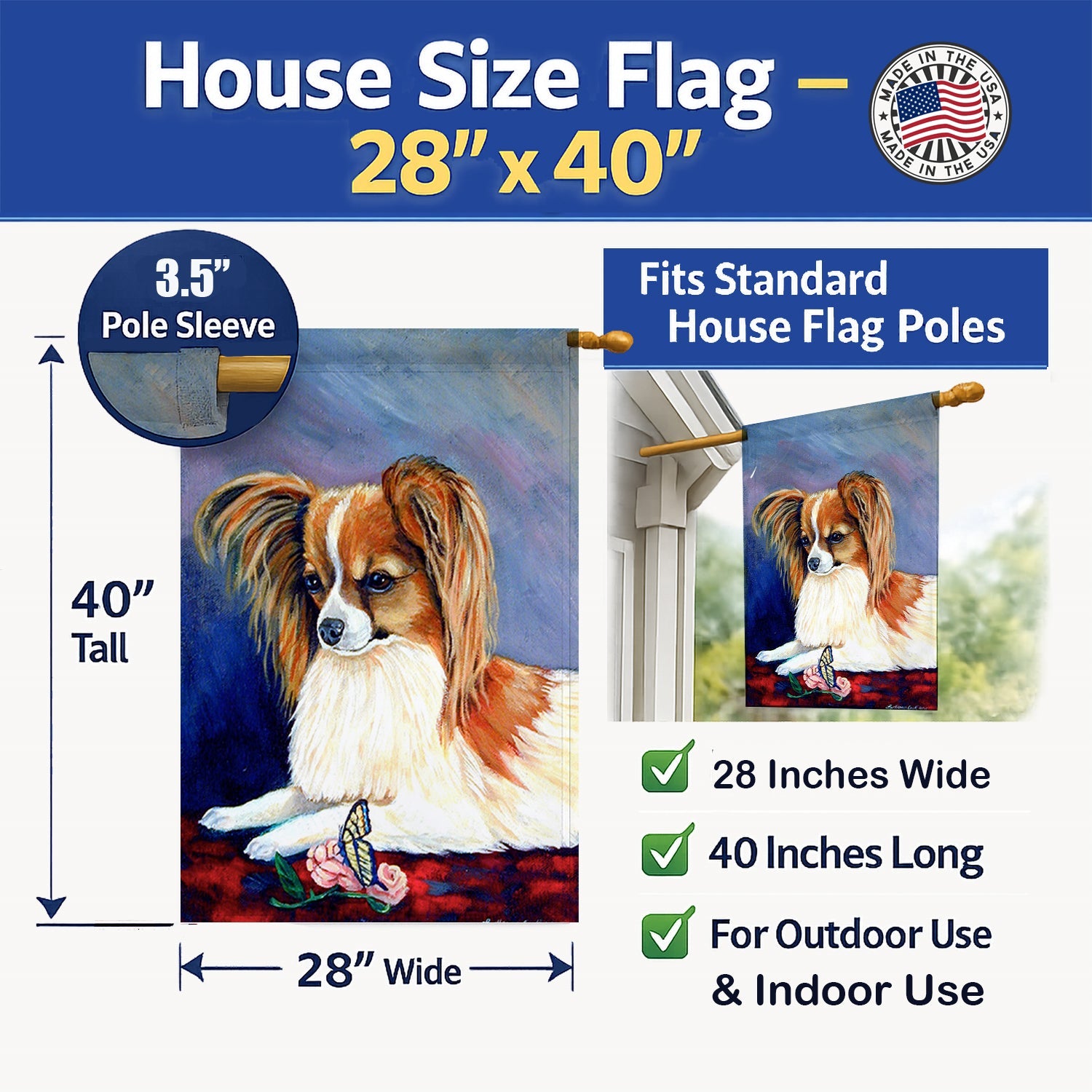 Papillon Rose and Butterfly House Flag 28x40 Porch Sleeve Pole Decorative Outside Yard Banner Artwork Wall Hanging, Polyester