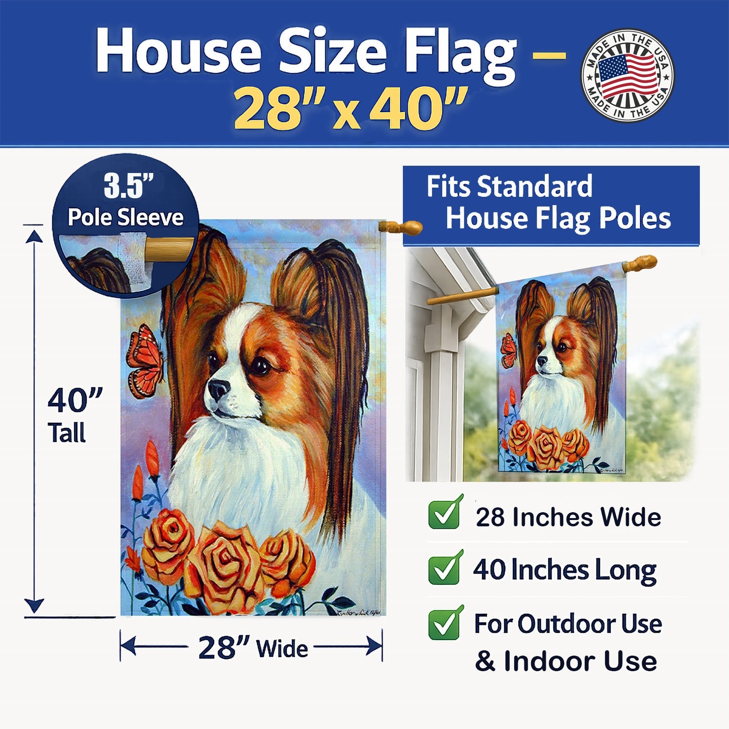 Papillon House Flag 28x40 Porch Sleeve Pole Decorative Outside Yard Banner Artwork Wall Hanging, Polyester