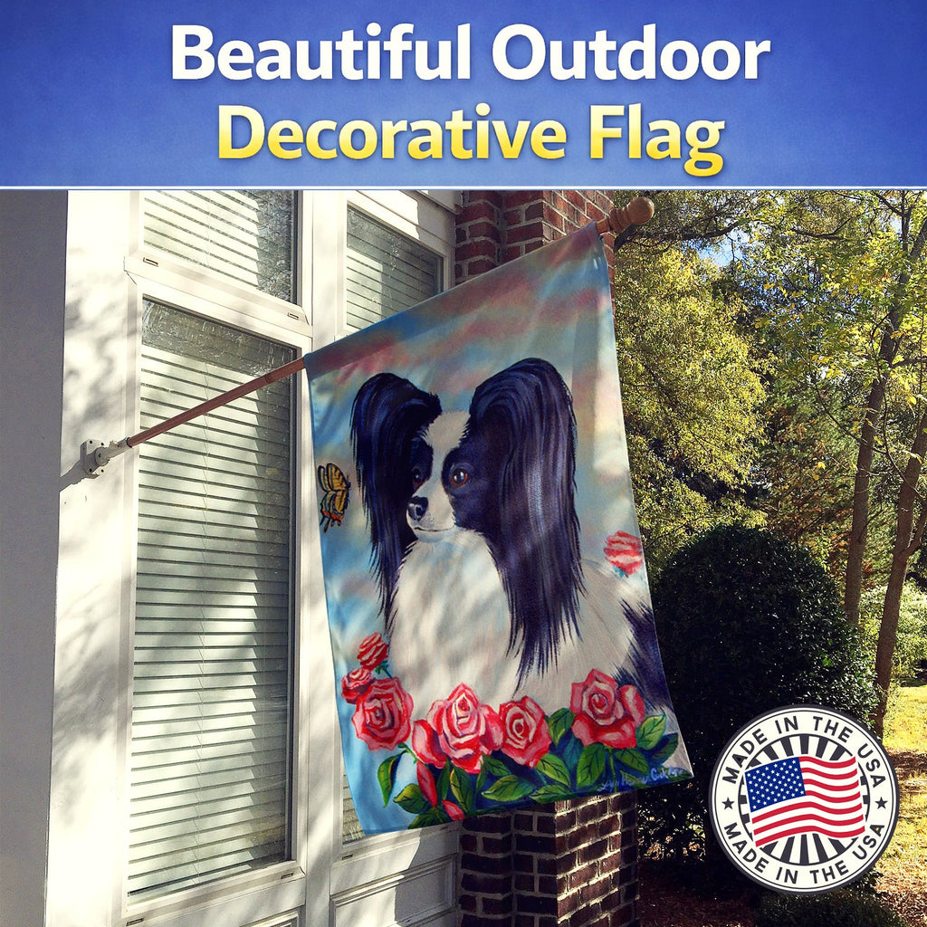 Papillon Black and White House Flag 28x40 Porch Sleeve Pole Decorative Outside Yard Banner Artwork Wall Hanging, Polyester