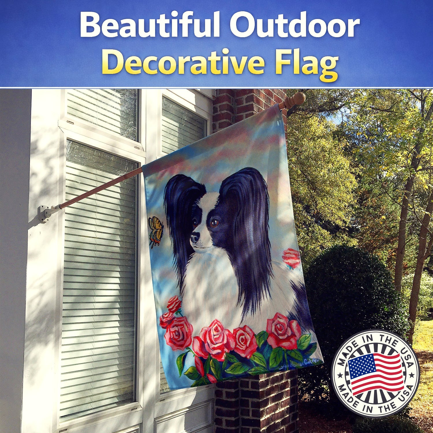 Papillon Black and White House Flag 28x40 Porch Sleeve Pole Decorative Outside Yard Banner Artwork Wall Hanging, Polyester