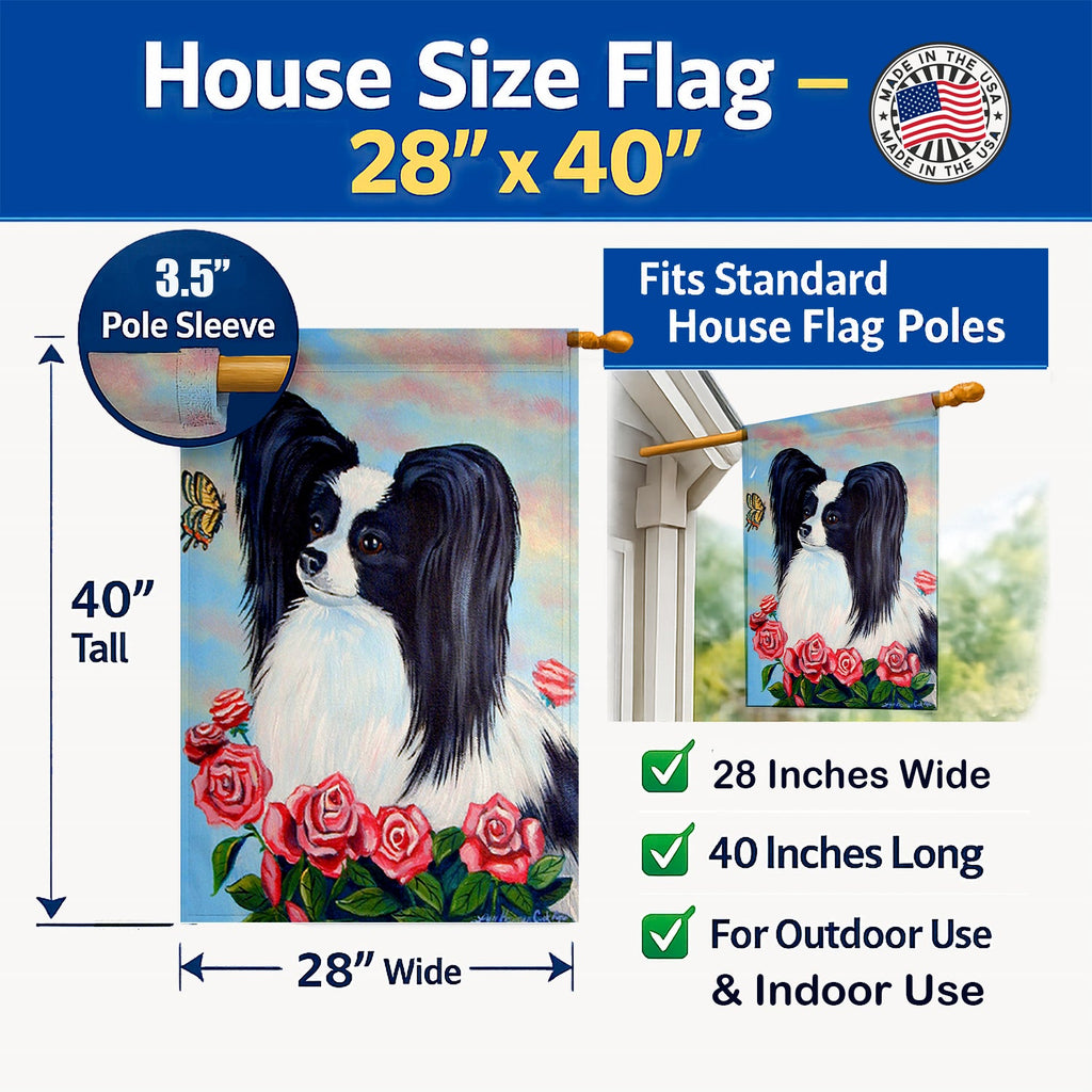 Papillon Black and White House Flag 28x40 Porch Sleeve Pole Decorative Outside Yard Banner Artwork Wall Hanging, Polyester