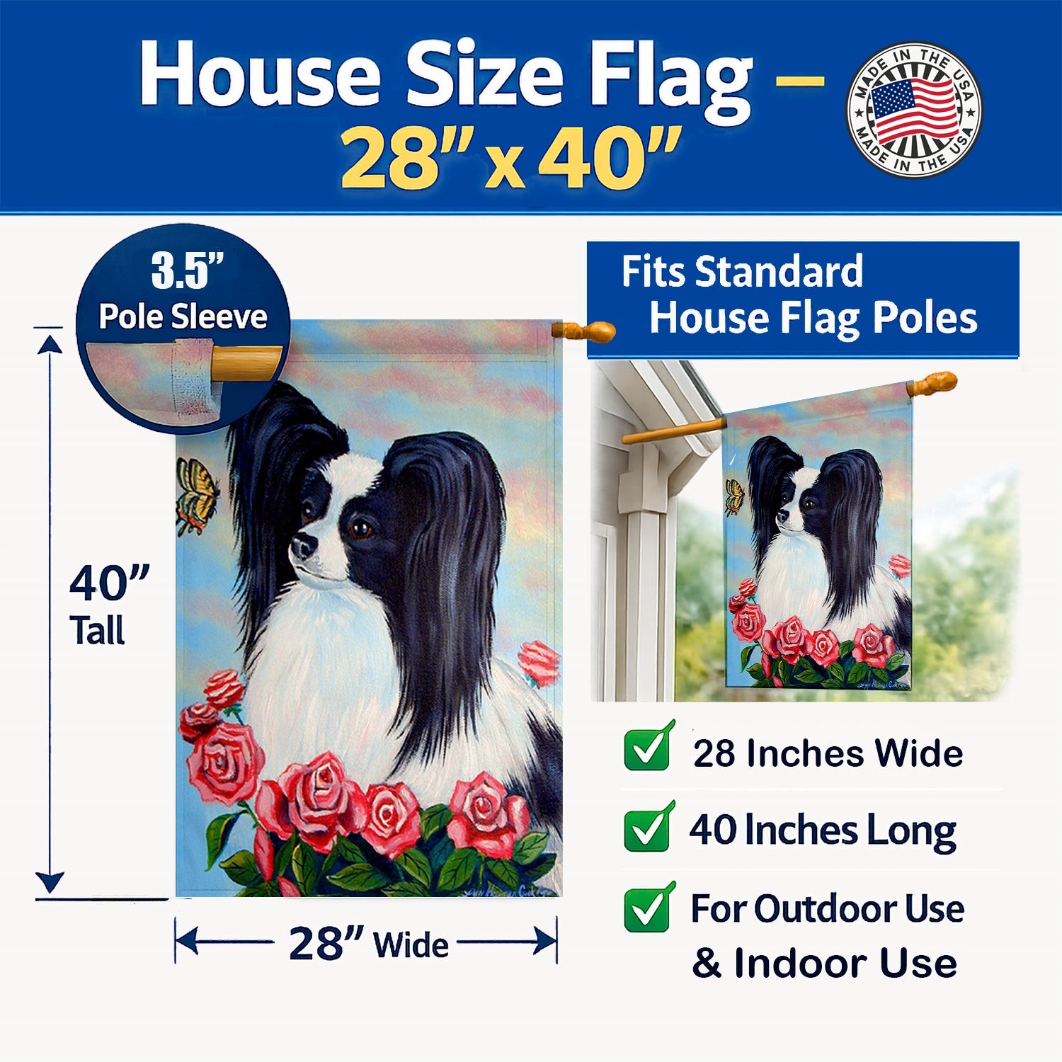 Papillon Black and White House Flag 28x40 Porch Sleeve Pole Decorative Outside Yard Banner Artwork Wall Hanging, Polyester