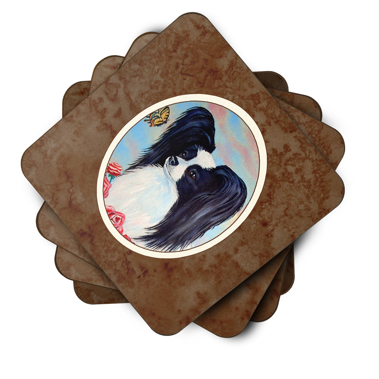Papillon Black and White Foam Coasters Set of 4 Cup Coasters for Indoor Outdoor, Tabletop Protection, Anti Slip, Mouse pad Material