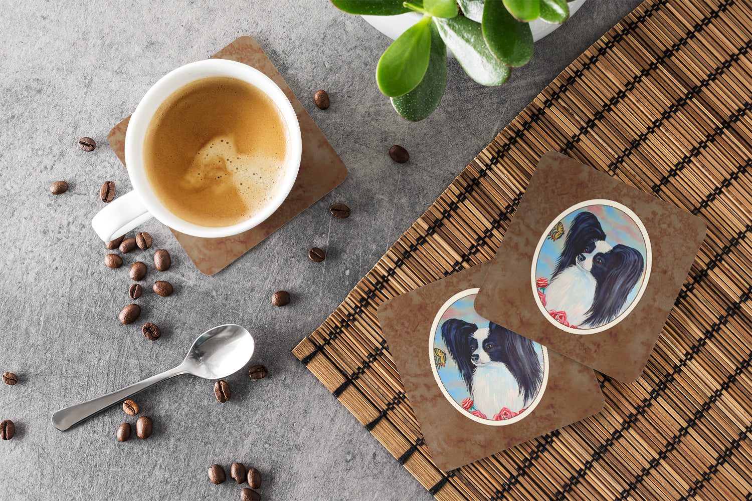 Papillon Black and White Foam Coasters Set of 4 Cup Coasters for Indoor Outdoor, Tabletop Protection, Anti Slip, Mouse pad Material