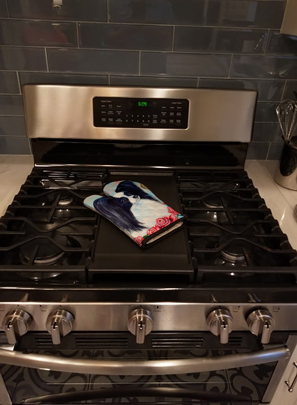 Papillon Black and White Oven Mitt Heat Resistant Thick Oven Mitt for Hot Pans and Oven, Kitchen Mitt Protect Hands, Cooking Baking Glove