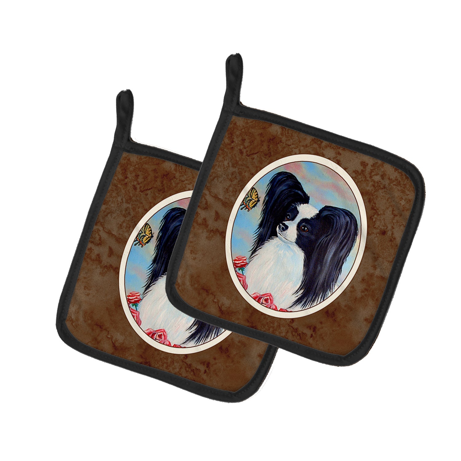 Papillon Black and White Pot Holder Set of 2 Heat Resistant Quilted Hot Pads 7.5 x 7.5 Inch, Insulated Kitchen Trivets for Cooking & Baking