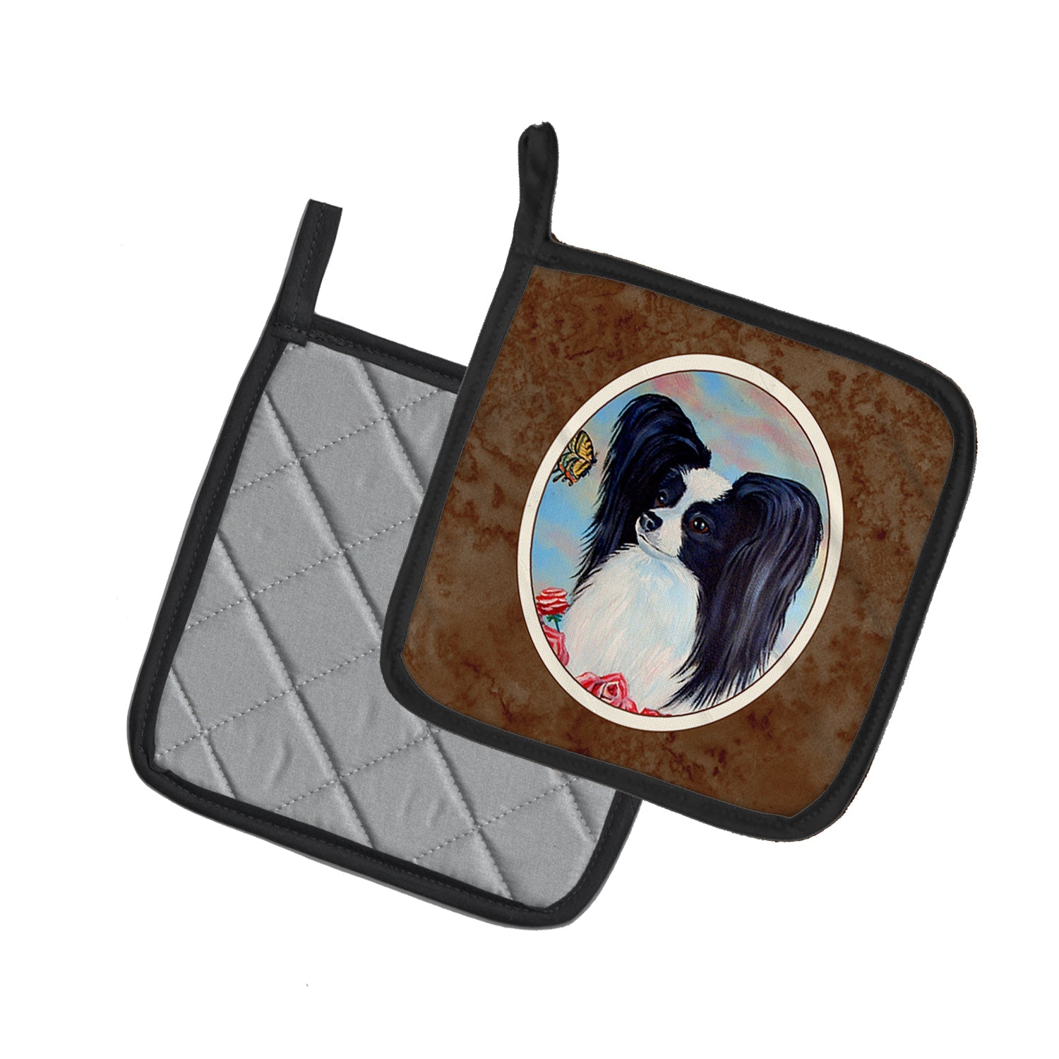 Papillon Black and White Pot Holder Set of 2 Heat Resistant Quilted Hot Pads 7.5 x 7.5 Inch, Insulated Kitchen Trivets for Cooking & Baking