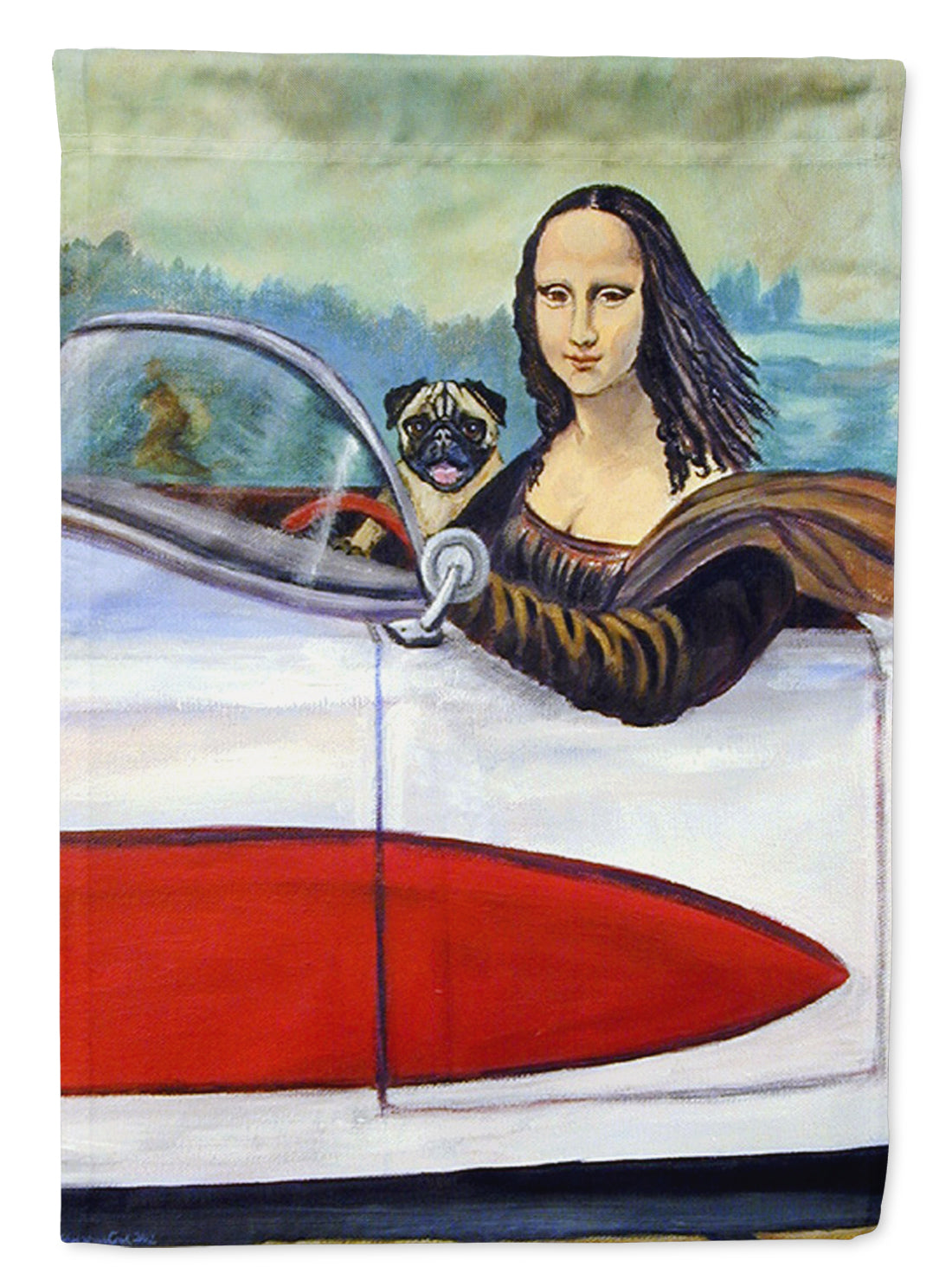 Fawn Pug and Mona Lisa House Flag 28x40 Porch Sleeve Pole Decorative Outside Yard Banner Artwork Wall Hanging, Polyester