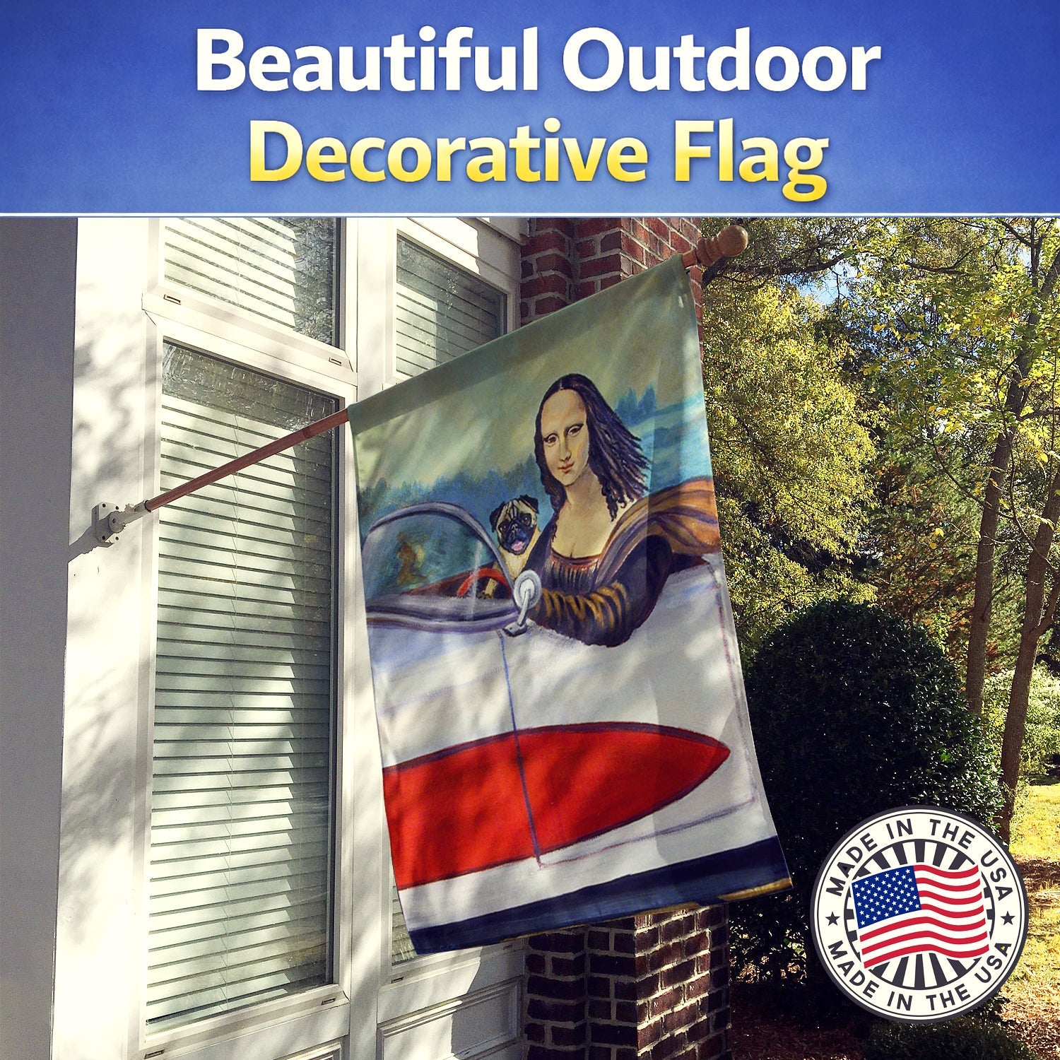 Fawn Pug and Mona Lisa House Flag 28x40 Porch Sleeve Pole Decorative Outside Yard Banner Artwork Wall Hanging, Polyester