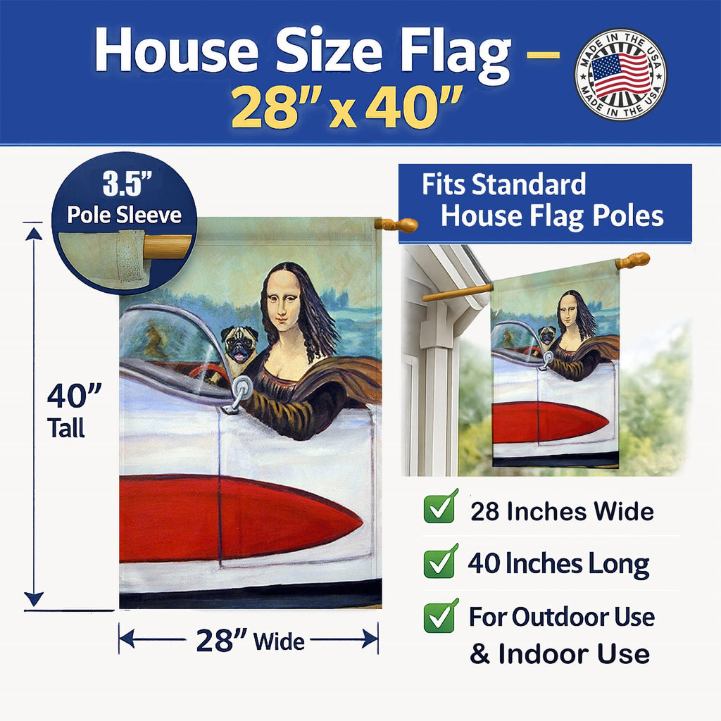 Fawn Pug and Mona Lisa House Flag 28x40 Porch Sleeve Pole Decorative Outside Yard Banner Artwork Wall Hanging, Polyester