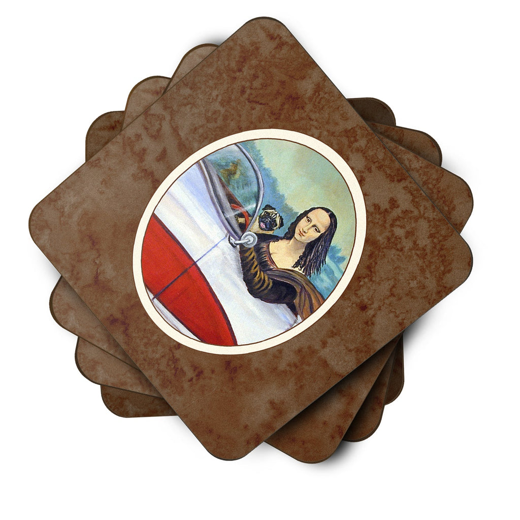 Fawn Pug and Mona Lisa Foam Coasters Set of 4 Cup Coasters for Indoor Outdoor, Tabletop Protection, Anti Slip, Mouse pad Material
