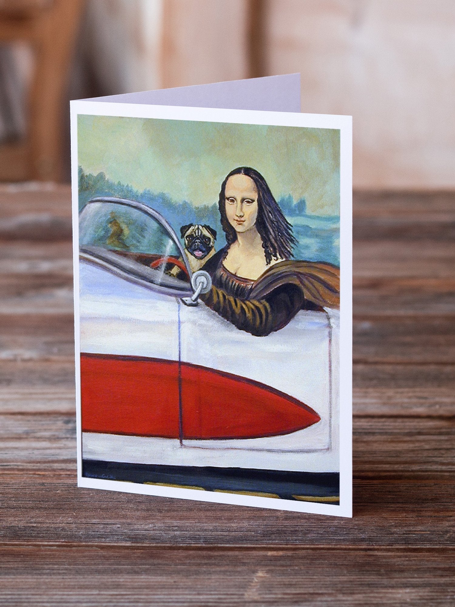 Fawn Pug and Mona Lisa Greeting Cards Pack of 8 Blank Cards with Envelopes Whimsical A7 Size 5x7