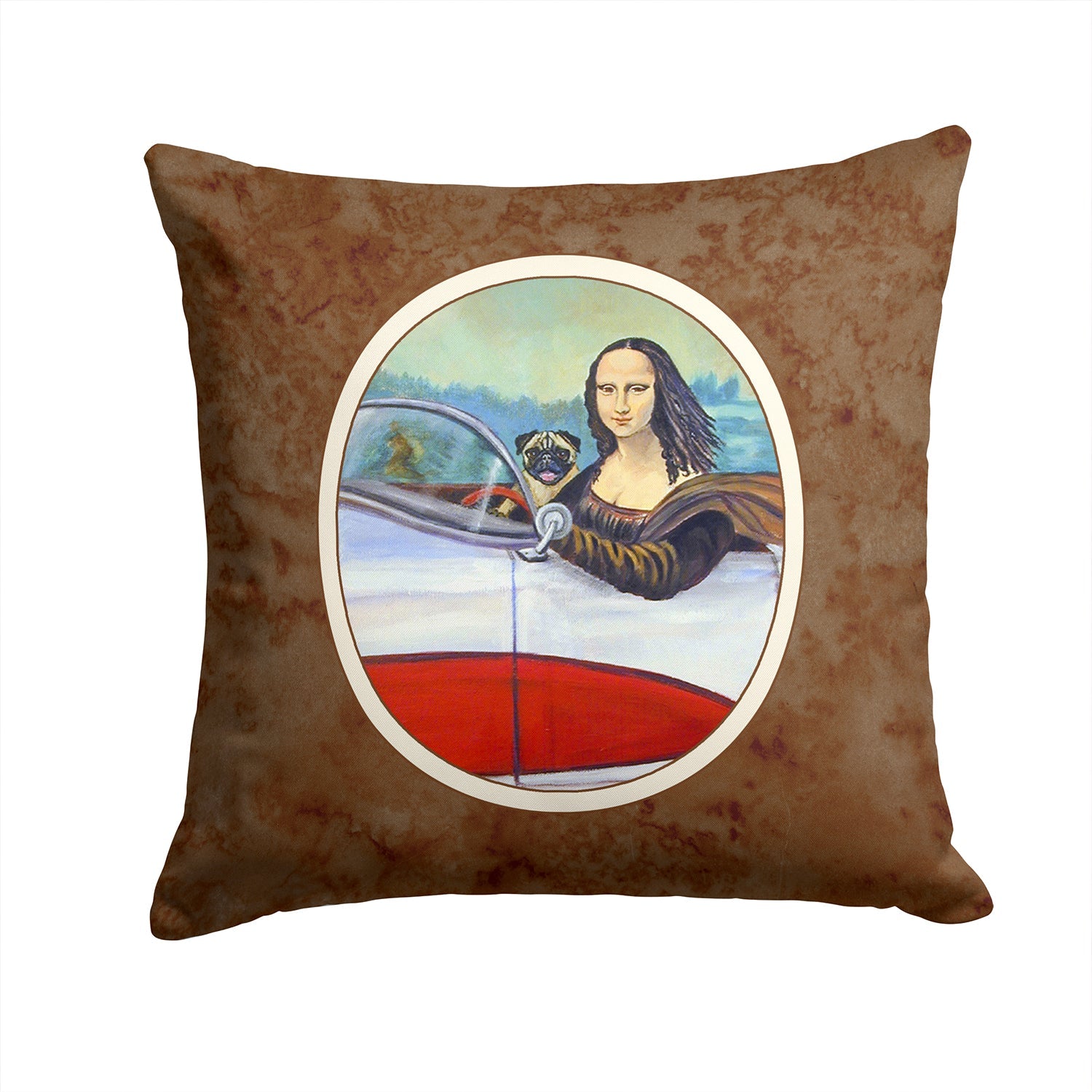 Fawn Pug and Mona Lisa Decorative Throw Pillow 14x14 Indoor Outdoor Accent Cushion, Fabric Cover with Insert for Sofa, Bed, Porch & Living Room