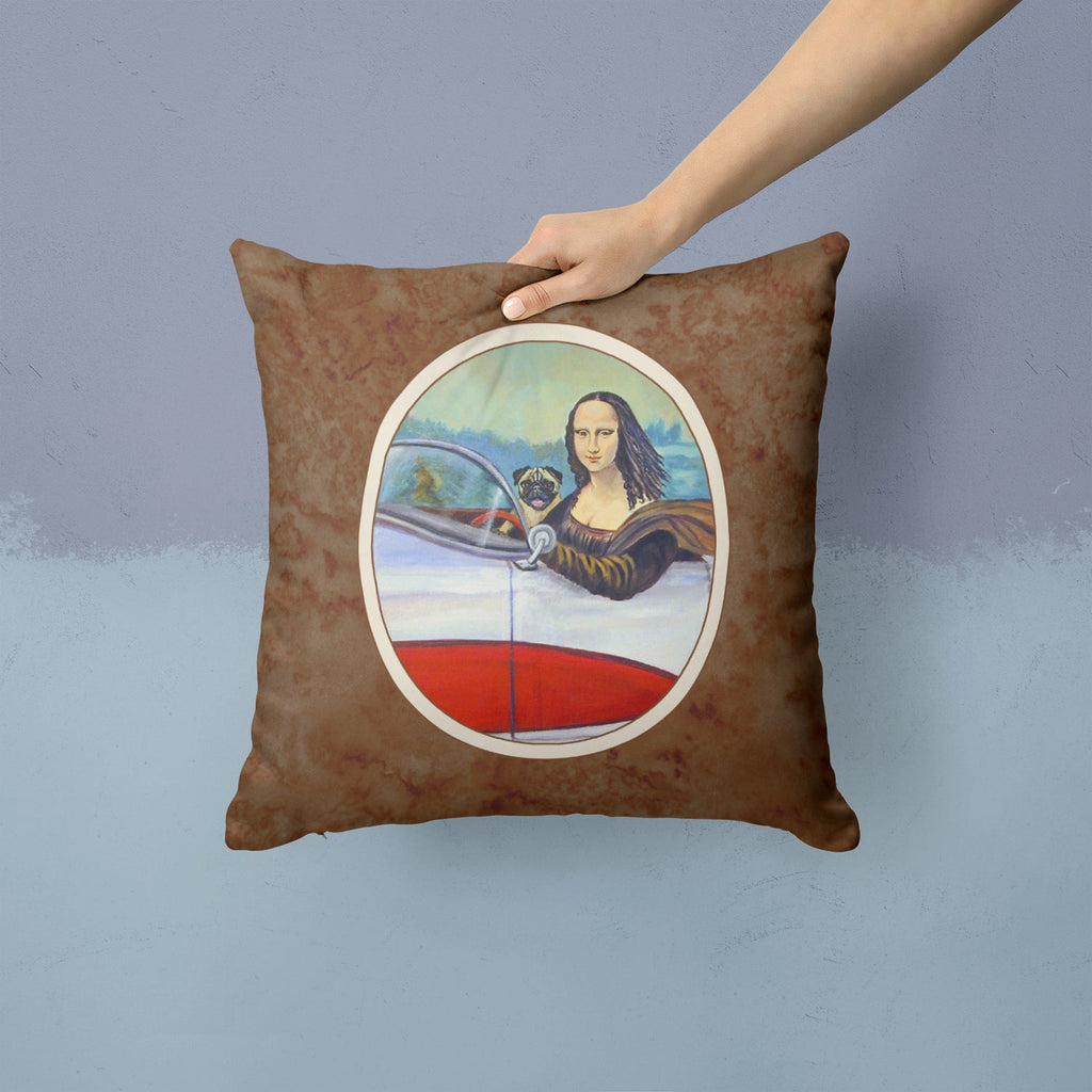 Fawn Pug and Mona Lisa Decorative Throw Pillow 14x14 Indoor Outdoor Accent Cushion, Fabric Cover with Insert for Sofa, Bed, Porch & Living Room