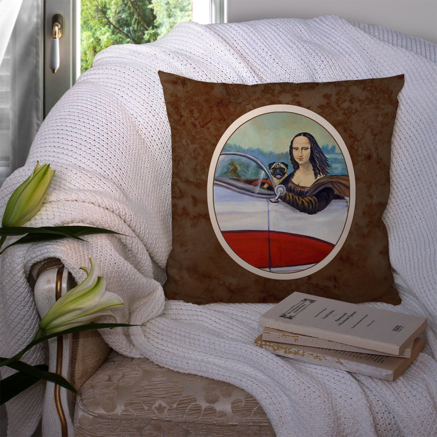 Fawn Pug and Mona Lisa Decorative Throw Pillow 14x14 Indoor Outdoor Accent Cushion, Fabric Cover with Insert for Sofa, Bed, Porch & Living Room