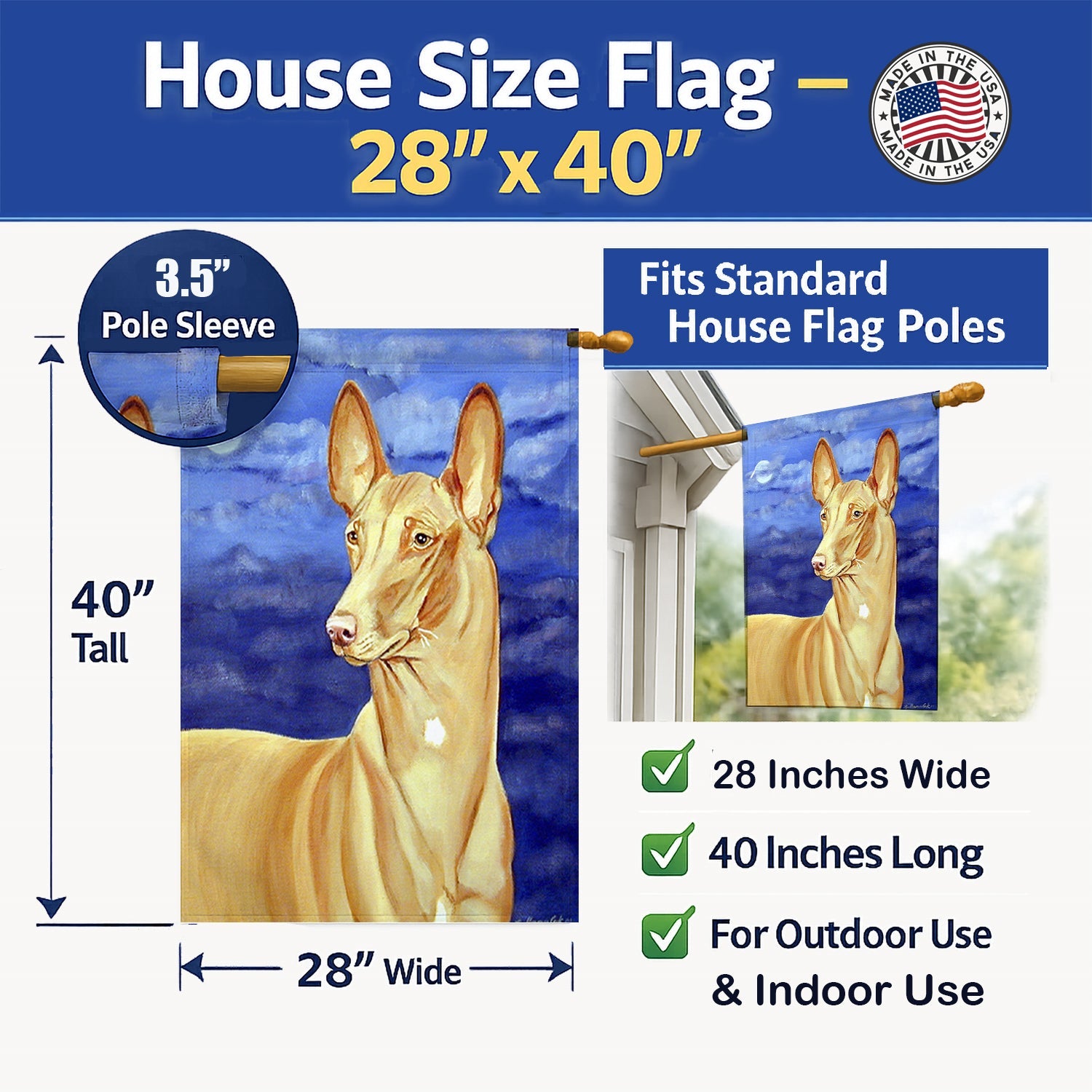 Pharaoh Hound House Flag 28x40 Porch Sleeve Pole Decorative Outside Yard Banner Artwork Wall Hanging, Polyester