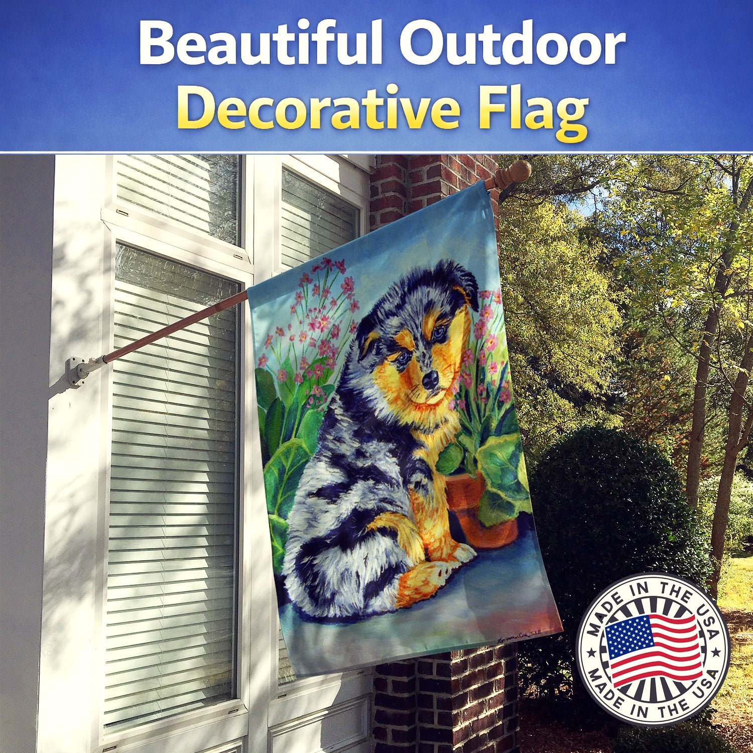 Australian Shepherd Puppy House Flag 28x40 Porch Sleeve Pole Decorative Outside Yard Banner Artwork Wall Hanging, Polyester