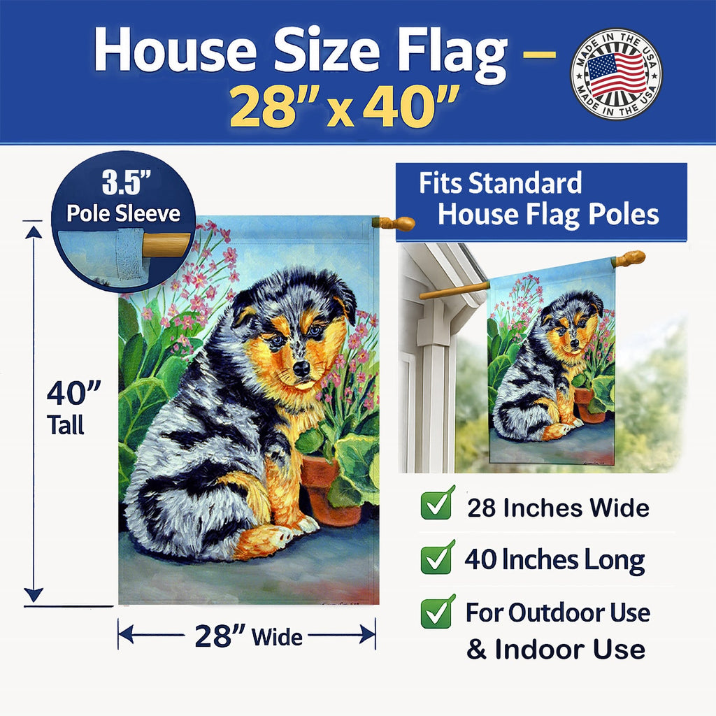 Australian Shepherd Puppy House Flag 28x40 Porch Sleeve Pole Decorative Outside Yard Banner Artwork Wall Hanging, Polyester