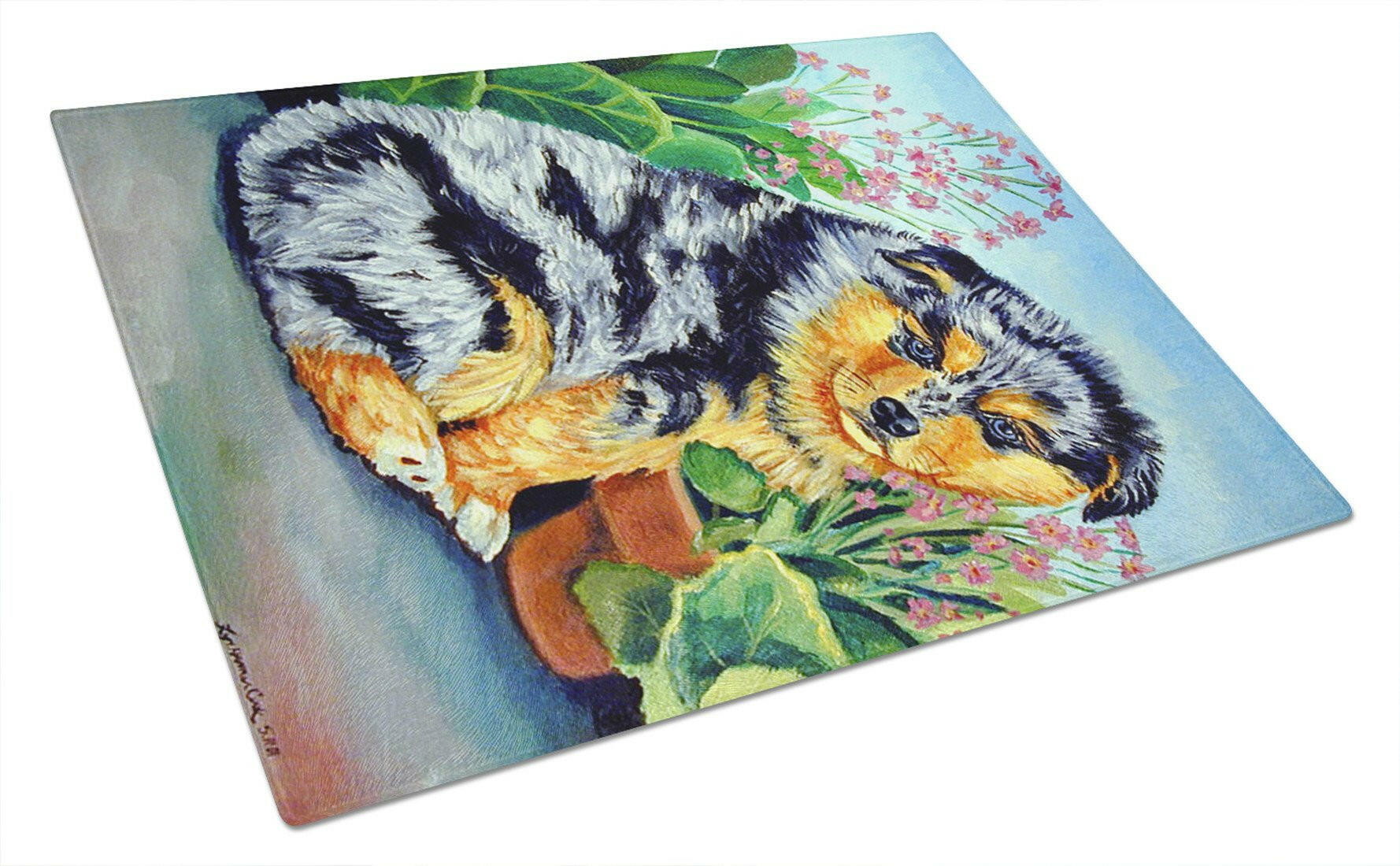 Australian Shepherd Puppy Cutting Board Tempered Glass Kitchen Cutting Surface, Heat Resistant Chopping, Non-Slip Feet, Food Prep & Serving