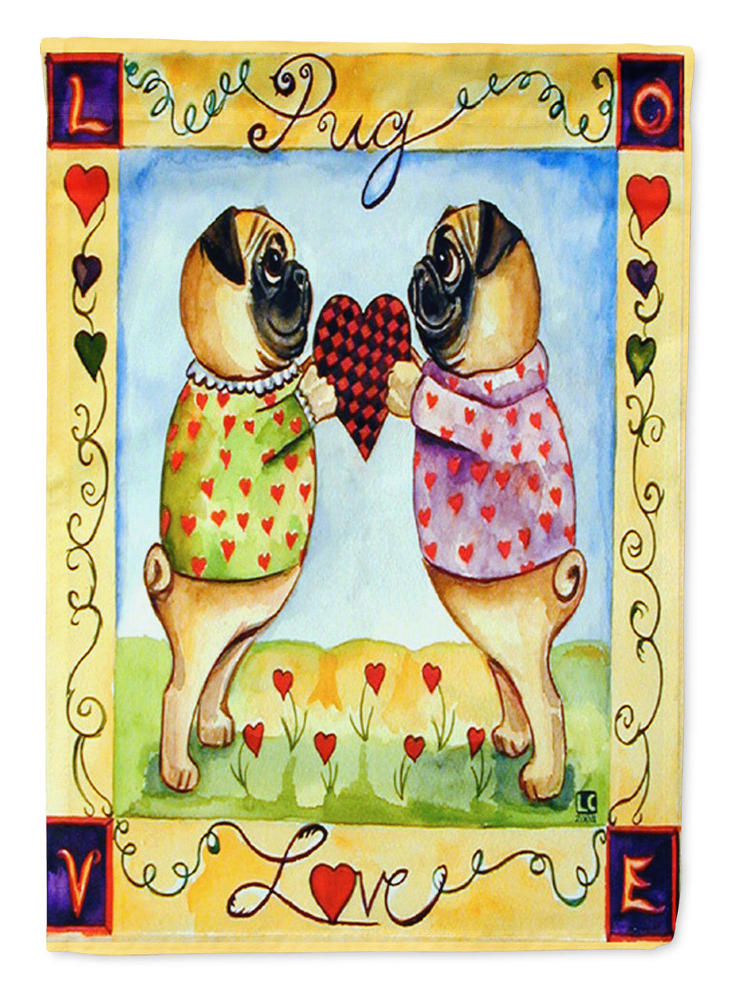 Pug LOVE Pug Love Valentine's Day House Flag 28x40 Porch Sleeve Pole Decorative Outside Yard Banner Artwork Wall Hanging, Polyester