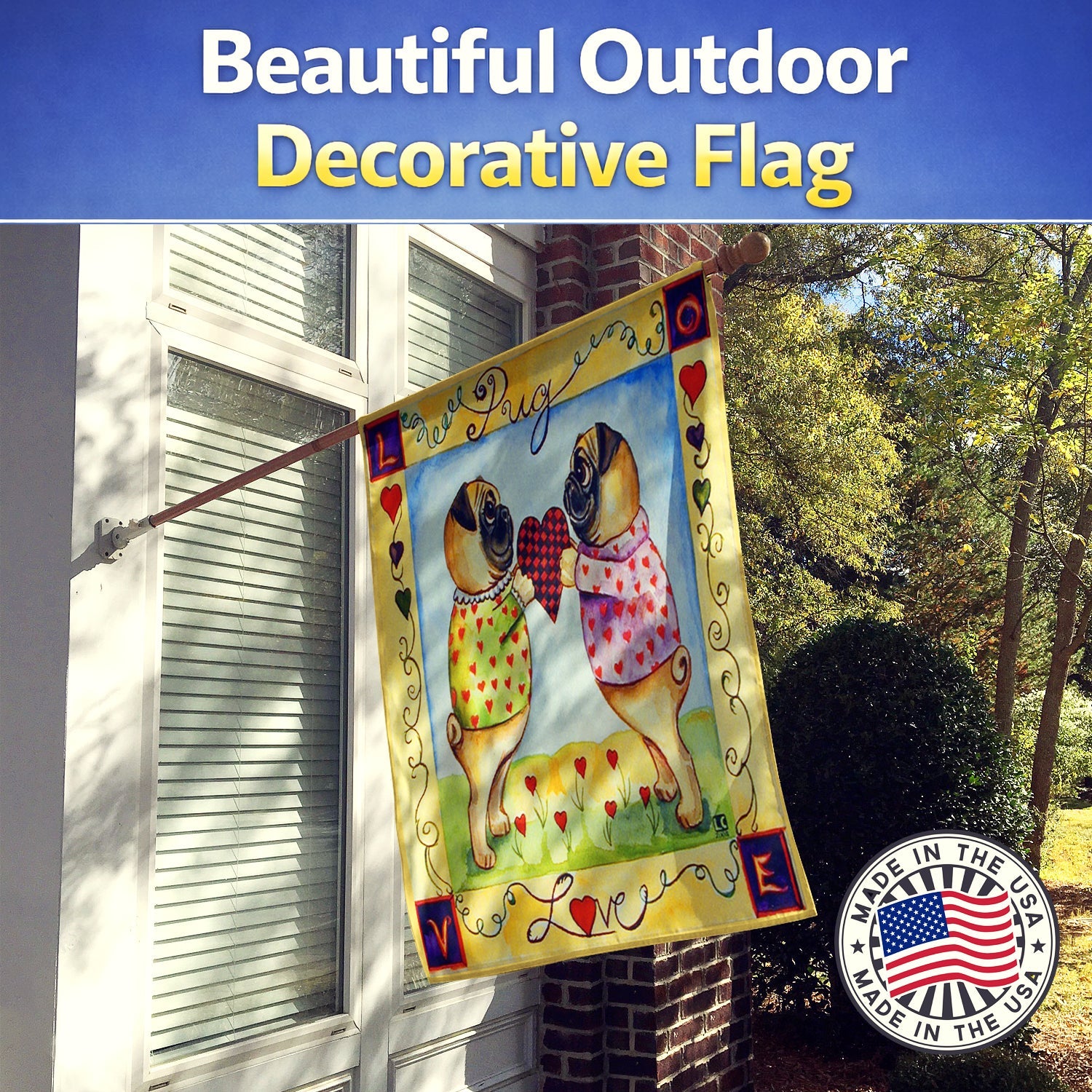 Pug LOVE Pug Love Valentine's Day House Flag 28x40 Porch Sleeve Pole Decorative Outside Yard Banner Artwork Wall Hanging, Polyester