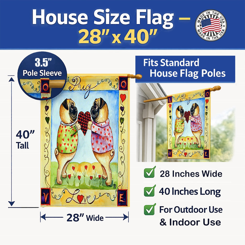 Pug LOVE Pug Love Valentine's Day House Flag 28x40 Porch Sleeve Pole Decorative Outside Yard Banner Artwork Wall Hanging, Polyester
