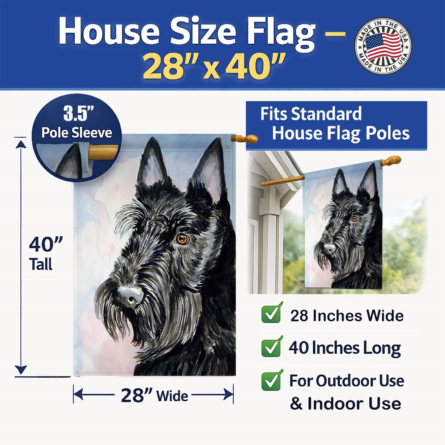 Scottish Terrier House Flag 28x40 Porch Sleeve Pole Decorative Outside Yard Banner Artwork Wall Hanging, Polyester