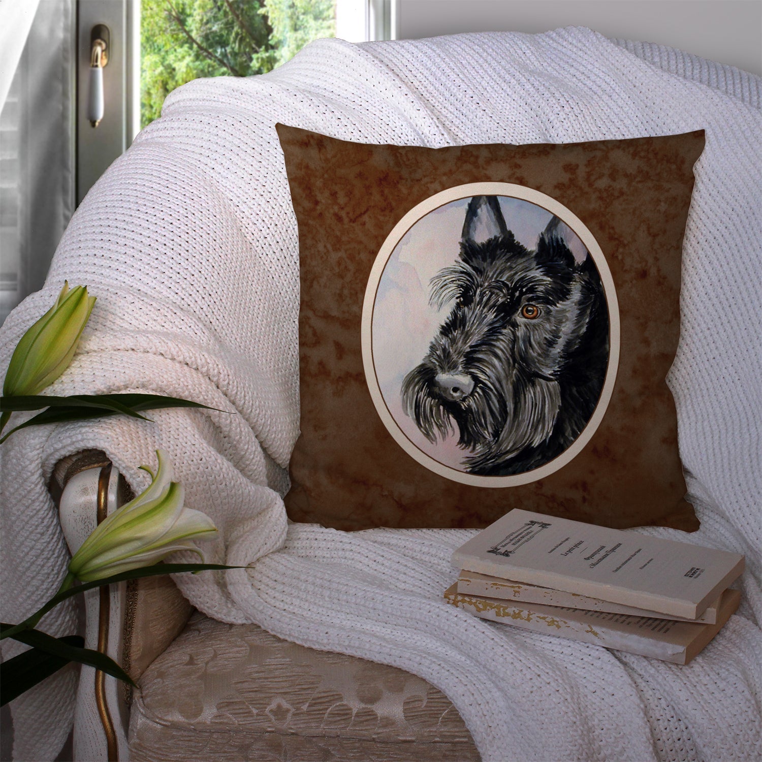 Scottish Terrier Decorative Throw Pillow 14x14 Indoor Outdoor Accent Cushion, Fabric Cover with Insert for Sofa, Bed, Porch & Living Room