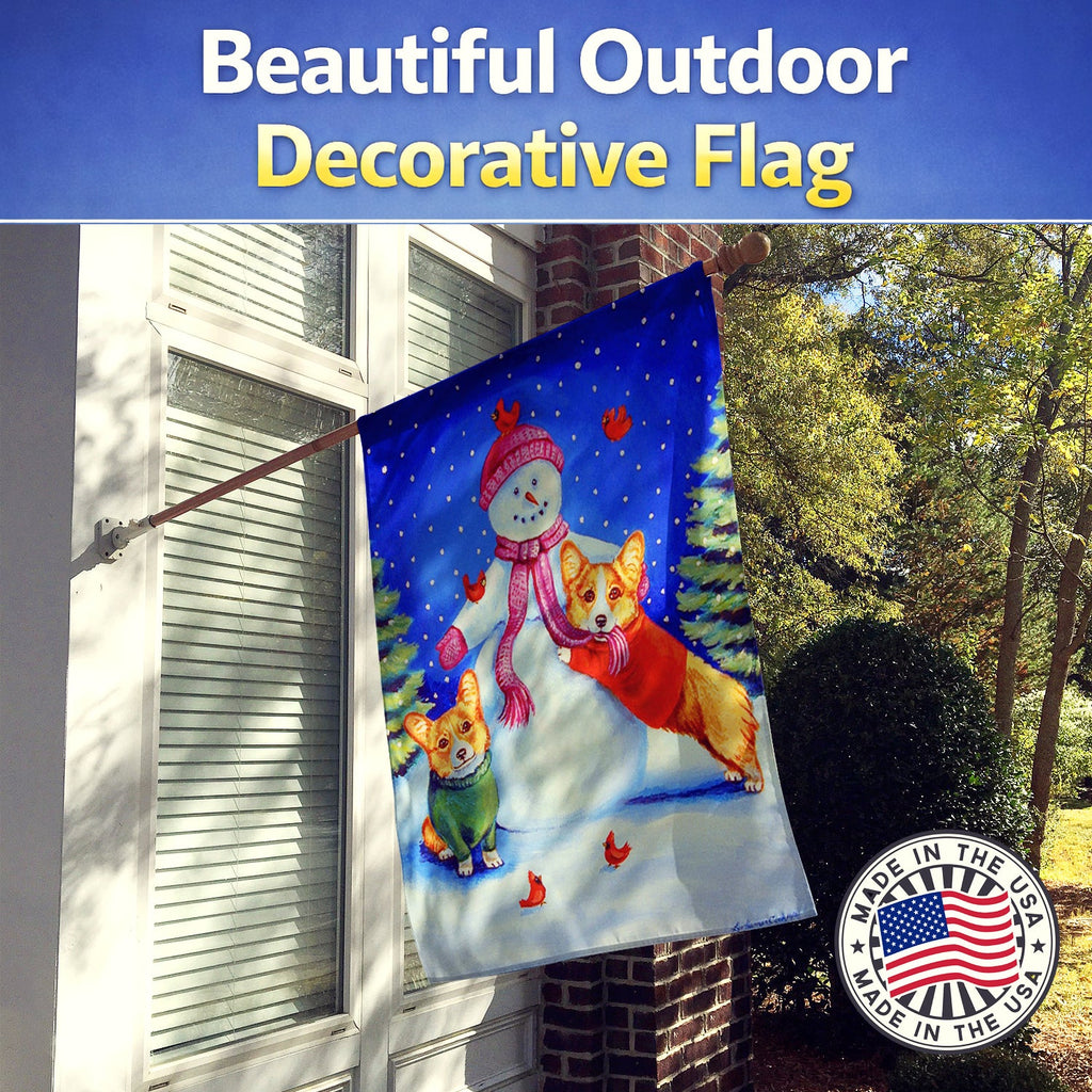 Snowman with Corgi House Flag 28x40 Porch Sleeve Pole Decorative Outside Yard Banner Artwork Wall Hanging, Polyester