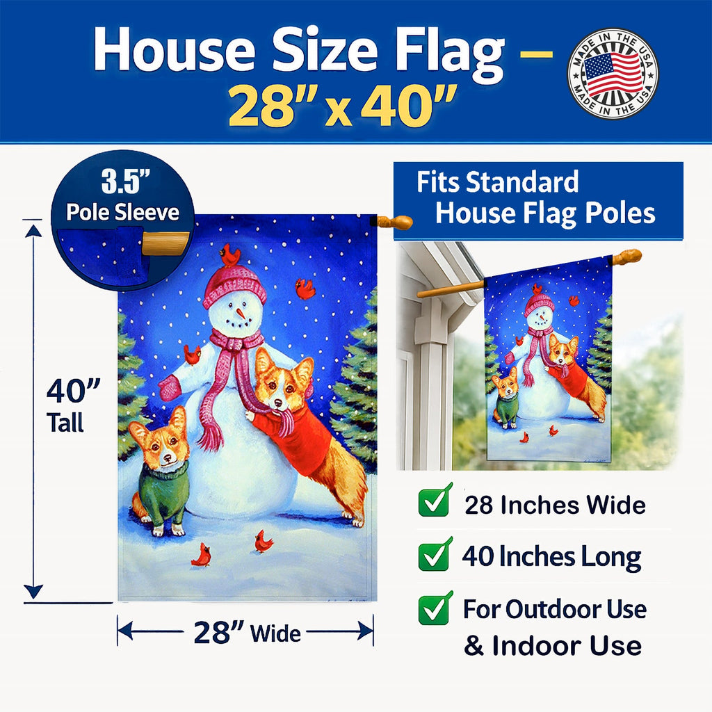 Snowman with Corgi House Flag 28x40 Porch Sleeve Pole Decorative Outside Yard Banner Artwork Wall Hanging, Polyester