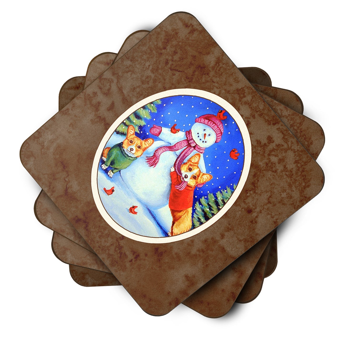 Snowman with Corgi Foam Coasters Set of 4 Cup Coasters for Indoor Outdoor, Tabletop Protection, Anti Slip, Mouse pad Material