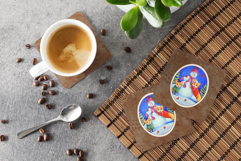 Snowman with Corgi Foam Coasters Set of 4 Cup Coasters for Indoor Outdoor, Tabletop Protection, Anti Slip, Mouse pad Material