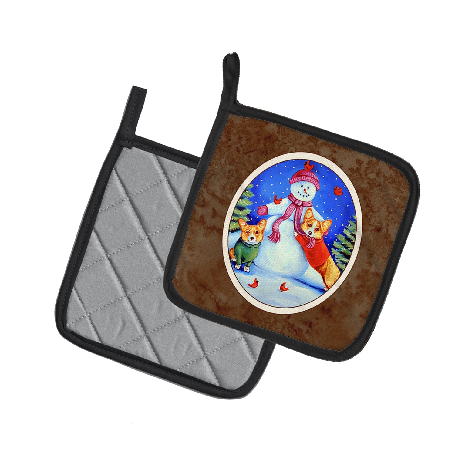 Snowman with Corgi Pot Holder Set of 2 Heat Resistant Quilted Hot Pads 7.5 x 7.5 Inch, Insulated Kitchen Trivets for Cooking & Baking