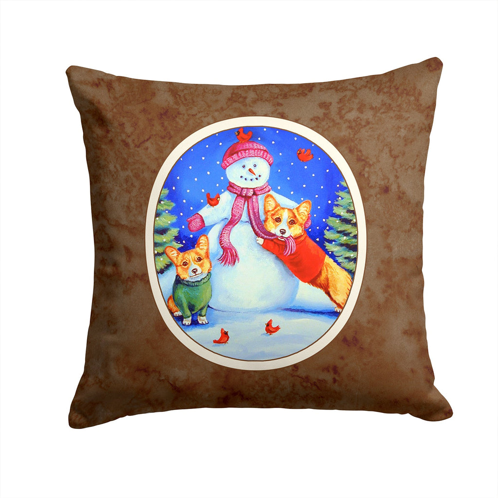 Snowman with Corgi Decorative Throw Pillow 14x14 Indoor Outdoor Accent Cushion, Fabric Cover with Insert for Sofa, Bed, Porch & Living Room