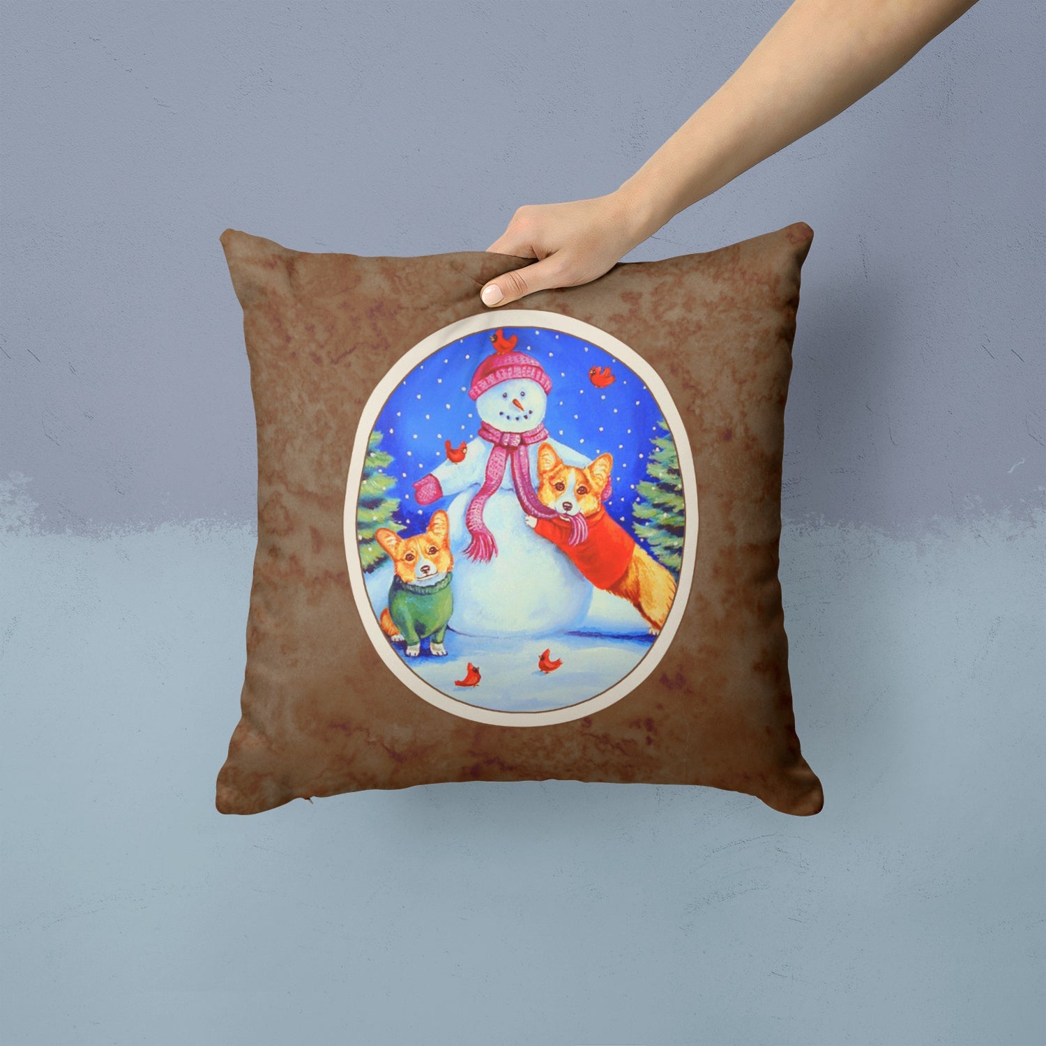 Snowman with Corgi Decorative Throw Pillow 14x14 Indoor Outdoor Accent Cushion, Fabric Cover with Insert for Sofa, Bed, Porch & Living Room