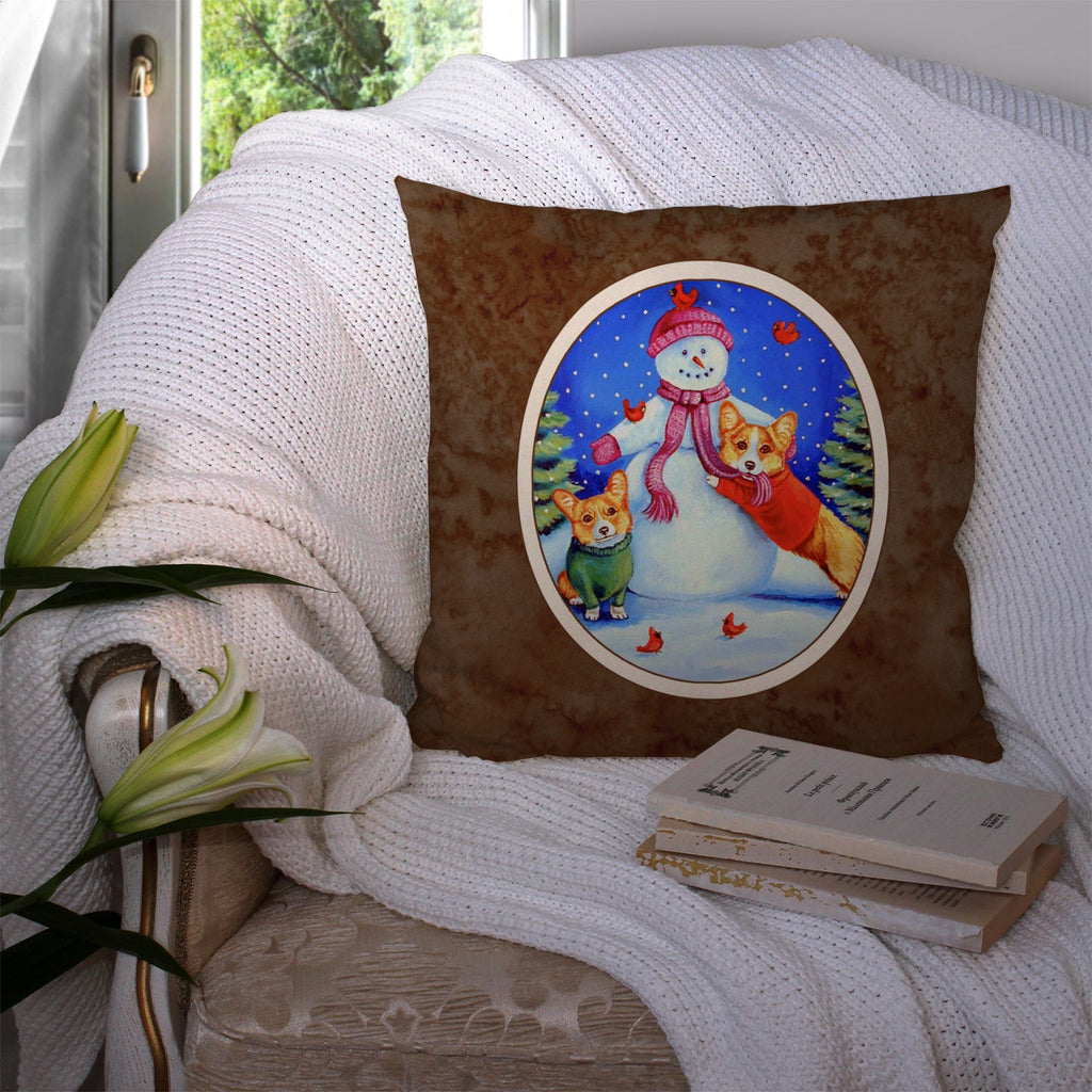 Snowman with Corgi Decorative Throw Pillow 14x14 Indoor Outdoor Accent Cushion, Fabric Cover with Insert for Sofa, Bed, Porch & Living Room